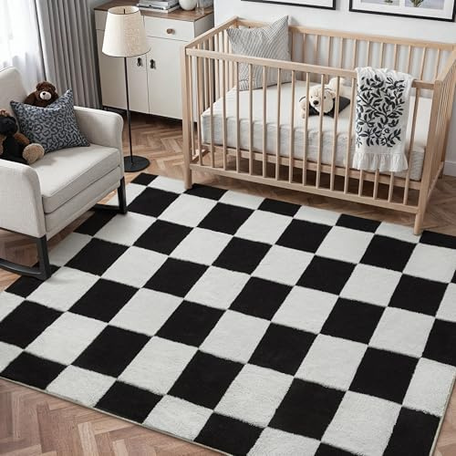 PureCozy Kariert Teppich Wohnzimmer 80x150cm Schwarz Weiß Schlafzimmer Waschbarer Teppiche 3D Effekt Kinderzimmer Kinderteppich Esszimmer Kurzflor Weich rutschfest Groß Carpet