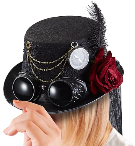 Lieawy Damen Steampunk Hüte im Gothic Stil - Zylinderhut Für Herren | Cosplay Kopfschmuck Mit Abnehmbarer Rose Und Goggles Kette Accessoires