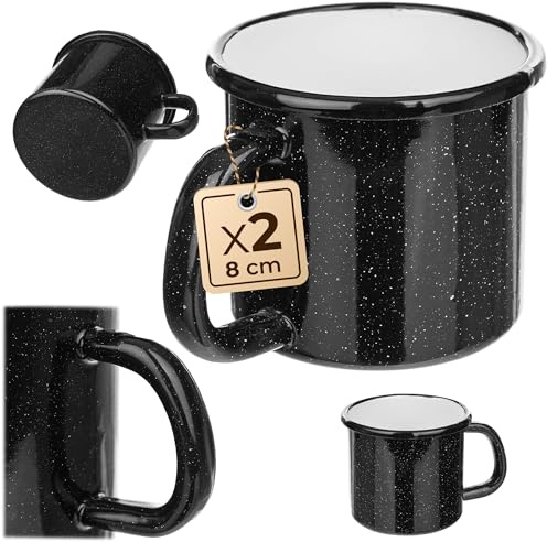 KADAX 2 x Emaille Tasse 400ml für Tee und Kaffee, Becher für Camping, große Kaffeetasse mit Henkel, Kaffeebecher aus emaillierter Stahl, Teebecher (Schwarz)