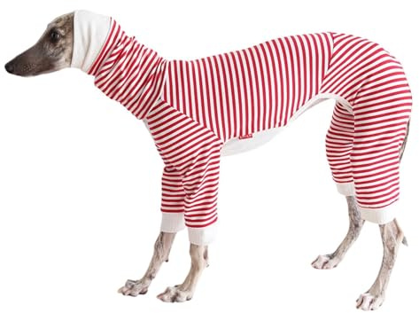 Leichter Baumwoll-Windhund-Pullover, Whippet-Kleidung mit Beinen, Rollkragen-Hunde-Jumpsuit, Hunde-Pyjama, Pjs-Pullover für Windhunde, Lurcher, Rot gestreift, Größe XL