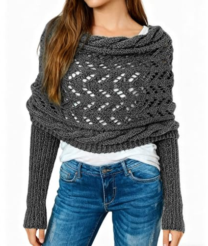 Feelorna Multifunktionaler Schal mit Ärmeln für Damen, lange Warme Gestrickter Schal Sweater Wrap mit Ärmeln, Mode Winterschal Weiche Boho Pashmina Schal für Damen (Dunkelgrau, Einheitsgröße)