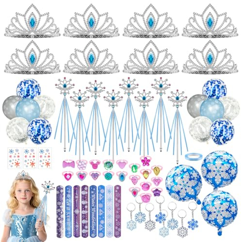 ZXShow Lot de 69 cadeaux d'anniversaire d'enfant Reine des Neiges avec Elsa Reine des Neiges Couronne Baguette magique Bracelets Anniversaire Fête Petit Cadeau Cadeau pour Fille (bleu et blanc)