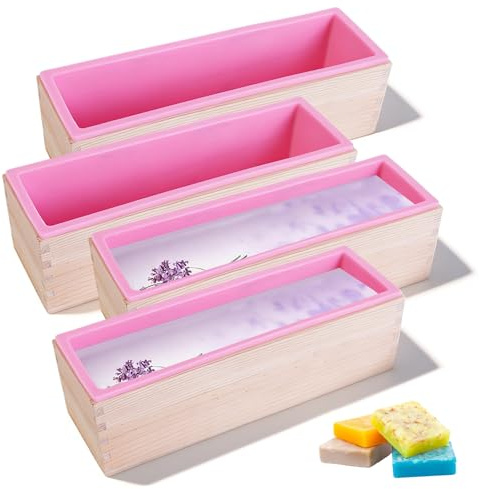 4 Pièces Moule Savon, 1200Ml Moule Silicone Rectangulaire Moules à Savon en Silicone RéUtilisable avec Boîte en Bois pour Le Savon Ou Les Gâteaux Grillés Rose
