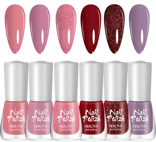 6Pcs Nail Polish Set, Quick Dry Long Lasting Nude Pink Red Purple Glitter Nail Varnish, No UV Needed, Glossy Manicure Nail Paint Kit for Women Girls DIY at Home