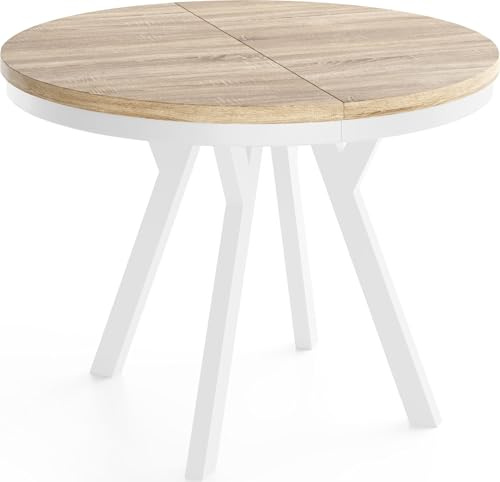 Runder Ausziehbarer Esstisch im Loft-Stil XXL Groß – Verlängerbarer Tisch mit Weißen Holzbeinen & Metallring – Platzsparender Esstisch für Wohnzimmer – Eiche Sonoma Hellbraun – 100 bis 200 cm