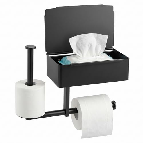 Zourglow Porta Carta Igienica Adesivo Senza Foratura | Porta Rotolo Carta con Scatola Porta Salviettine in Acciaio Inox Nero Opaco per Bagno, Gabinetto e Cucina