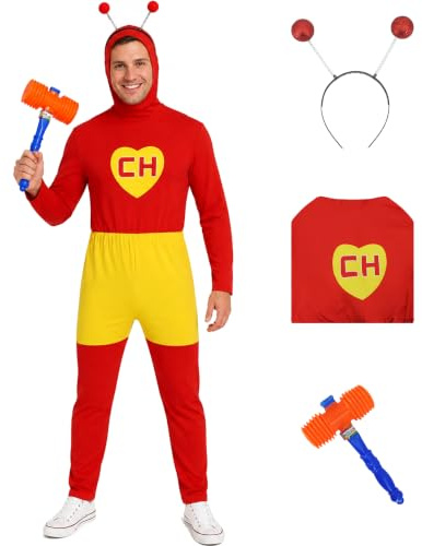 PAINEOMN Chapulin Colorado Costume Superhero Cosplay Red Jumpsuit CH Printed Onesie Antenna Headband Hammer Halloween Outfits XL
