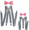 axy Vater-Sohn Partnerlook Hosenträger mit Fliege Set für Herren-Damen-Kinder (Graue Hosenträger Breit 2,5cm + Pinke Fliege)