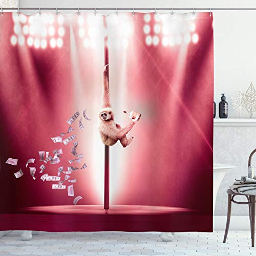 ABAKUHAUS Marrant Rideau de Douche, Singe sur Un Poteau Whiskey, Tissu Ensemble de Décor de Salle de Bain avec Crochets, 175 x 200 cm, Magenta Pale Brown