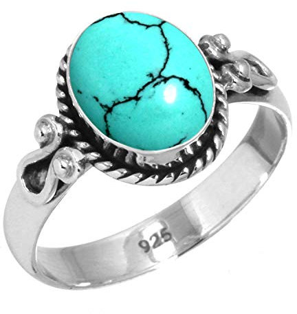 Jeweloporium Blauer Türkis-Silberring, Größe 54 (17,2), 925er Sterlingsilberring für Damen, ovaler Stein, Boho-Schmuck
