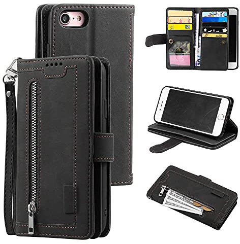 UEEBAI Wallet Case for iPhone 6 Plus iPhone 6S Plus, Retro 9 Card Holder Slots Zipper Pocket Handbag Case PU Leather Magnetic Closure Kickstand with Wrist Strap TPU Shockproof folio Case - Black