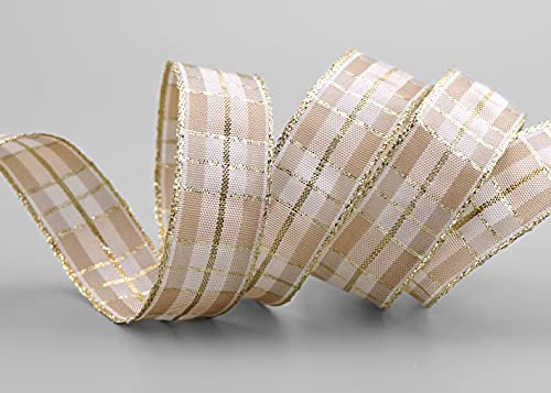 finemark 3 m x 25 mm Karo Weihnachtsband BEIGE Gold (161) mit Lurex Drahtkantenband Dekoband Geschenkband Schottenkaro Glanzband Goldkante Draht Schleifenband Winter Christmas Check