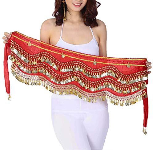Lauthen.S 248 Münzen Bauchtanz Hüftschal Tribal Gürtel Halloween Gypsy Kostüm Zubehör, Rot (Goldmünzen), Einheitsgröße