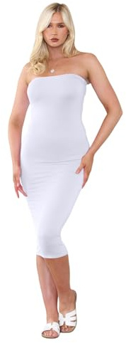 Hamishkane® Robe mi-longue bustier tube pour femmes, robe droite sans bretelles ajustée extensible bandeau crayon pour femmes UK, robe de fête longue sans bretelles d'été, blanc, 42-44