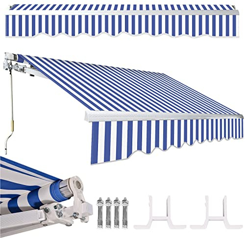 Tubiaz Gelenkarmmarkise, Einziehbarer Sonnenschutz Sonnenmarkise mit manueller Kurbel, Markise Winkel Einstellbar bis 30 Grad, Erfordert Montage, Anti-UV und Wasserfest, 300x250cm Blau Weiß