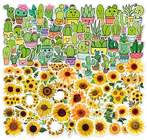 NOGAMOGA Set Sticker/Aufkleber mit Kaktus/Sonnenblume Motiven (100 Stück), Wasserflaschen Laptop Stickers, Wasserdichte Vinyl Aufkleber für Basteln, Scrapbook, Geschenke, Gepäck