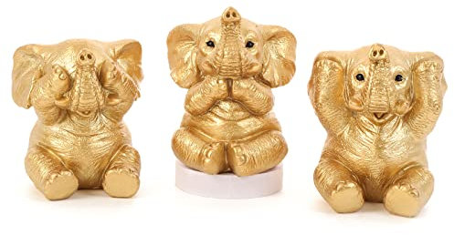 Set mit 3 goldenen Elefanten-Statuen, Heimdekoration, coole Elefanten-Figuren für Regal, Wohnzimmer, Büro, Schreibtisch, Bücherregal, Geschenke, kleine Deko-Akzente für Elefantenliebhaber