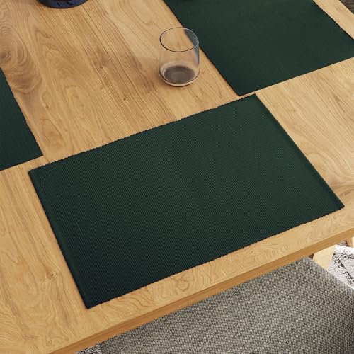 Encasa XO Platzsets Esstisch Set von 6 | Dark Green | Fein gerippte Baumwoll-Tischunterlage | Größe 48x32 cm | Maschinenwaschbar