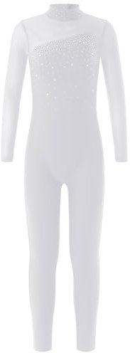 Hedmy Kinder Mädchen Turnanzug Eiskunstlauf Gymnastikanzug Langarm Pailletten Jumpsuit Overall Einteiler Trikot Gymnastik Leotard Weiß 134-140