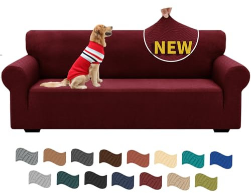 XINEAGE Sofabezug 3 Sitzer, High Stretch Sofaüberwurf für Wohnzimmer, Moderne Sofaüberzug, Jacquard Sofa überzug für Hunde, Haustiere, Rutschfester Sofa Cover (3 Sitzer, Weinrot)