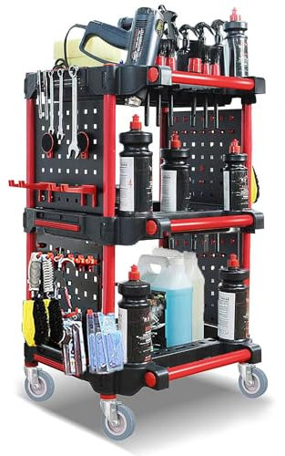 Cleaning Trolley Heavy Duty Tool Trolley on Wheels, 3-Tier Rolling Tool Cart for Auto Wash & Repair, Car Detailing, Warehouse Mobile Service Cart, for Workshop, Garage, Tool Storage, 200KG Capacity