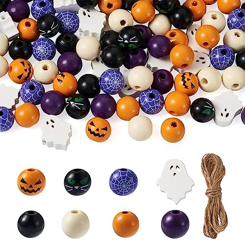 Boutigem 120pcs Halloween Holzperlen Runde Spinnennetz Katze Kürbis Gesicht Geist Holz Chunky Perlen für Home Party DIY Handwerk Herstellung Dekoration