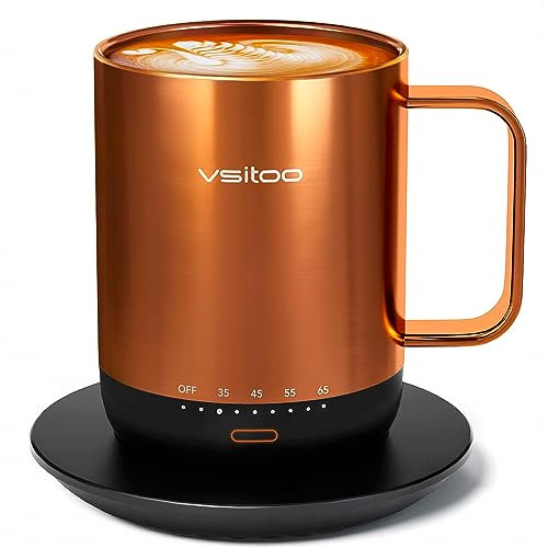 VSITOO S3PRO Temperature Control Smart Mug with Lid, Self Heating Coffee Mug,90 Min Battery Life - APP & Manual Controlled Heated Coffee Mug - Improved Design - Gifts for Coffee Lovers(14 oz Copper)