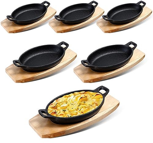 Mifoci 6 Sets Mini Cast Iron Skillets,oval Fajita Plates with Wooden Base Dish Tray Serving Sizzling Plate for Baking Roasting Cooking Grilling Appetizer (8.7x4.7x1.6 In)