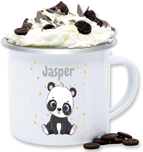 Emaille Tasse Blechtasse - Süßer Panda Pandabär Pandabären - 300 ml - Weiß Silber - pandabären name becher bär kindergarten blechbecher personalisierte tassen personalisierter personal