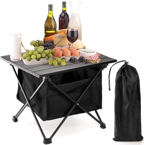 SOUJOY Bench Side Table, Small Folding Camping Table with Storage Bag, Portable Collapsible Aluminum Picnic Tent Side Table for Outdoor Cooking, BBQ, Hiking, Boat, Travel