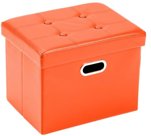 COSYLAND Sitzhocker mit Stauraum, Faltbare Sitzbank, Sitztruhe aus Kunstleder, gepolstert Sitzwürfel Fußhocker Aufbewahrungsbox mit Deckel, für Wohnzimmer Schlafzimmer, 43 * 33 * 33 cm (Orange)