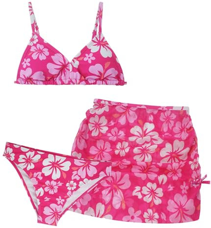 AIEOE 3 Pezzi Ragazza Costume da Bagno Set Bikini Top con Spalline Regolabili + Gonna Corta + Slip Bikini Triangolo per 10-11 Anni Rosa A