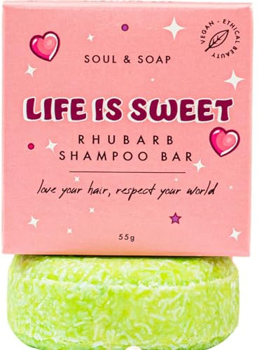 Life Is Sweet Shampoo Bar For All Hair Types - Rhubarb scented, Mositursing & Shine. Plastic Free Hard Water Eco Friendly, SLS & SLES Free, Vegan, Palm Oil Free.