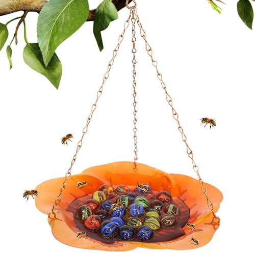 Honey Lake Bee Watering Stations with Flower Design, Bee Butterfly Bath Bowl Cups with 30 Glass Marbles, Anti Rust Durable Iron Metal Bee Feeder Bee Insect Drinking Cup for Outdoor Garden Decor