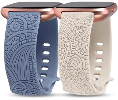 TOYOUTHS 2 Stück Boho Floral Gravierte Armband kompatibel mit Fitbit Versa 2/Fitbit Versa/Versa Lite Armband Frauen Männer Weich Silikon Sport Loop Ersatzarmbänder für Versa 2, Blue/Polarstern