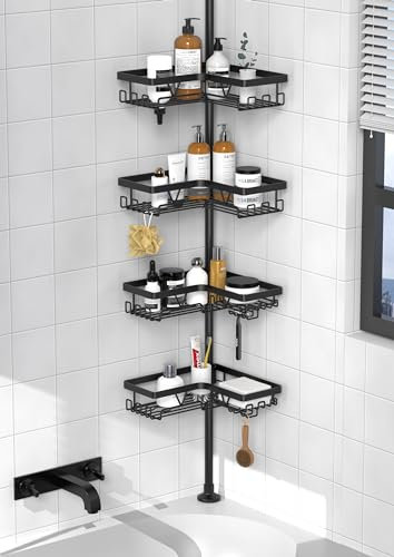 Kegii Telescópica Estantería Ducha, Esquina Estante Ducha, Estanteria baño Sin Taladro, Estanteria Ducha con 4 Cestas para Bañera y Baño, Altura Ajustable 63.5-290 CM,Negro