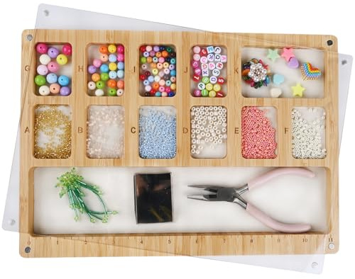 Favonuovy Beads Sorting Tray with Scoop, Magnetic Acrylic Lid, Band and Velvet Padding Bead Boards for Jewelry Bracelet Making Wood Beading Mat Engraved with 11in Ruler, 12 Compartments and Letter A-K
