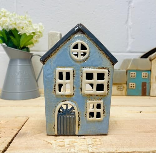 Tealight Candle Holder Housewarming Gift Cottage Ceramic Village Pottery House Ornament (Light Blue (15cms))