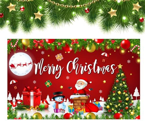 Grande bannière de Noël - Bannière de fond de Noël, décoration de bannière de Noël Bannière photo du Père Noël rouge 170,87 x 43,31 cm Fond de Noël Bonhomme de neige d'hiver avec corde