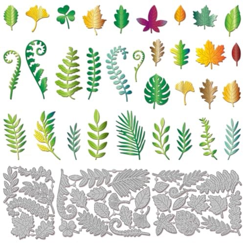 GLOBLELAND Fustelle a forma di foglie primaverili per fai da te, scrapbooking, piante in metallo, felci, foglie tropicali, per realizzare biglietti, goffratura, album fotografici, decorazioni