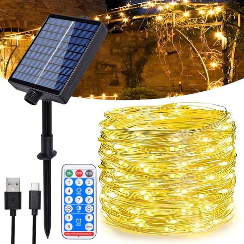 Hopelit Solar Lichterkette Aussen, 20m 200LEDs Lichterkette Außen Solar Lichterkette Kupferdraht IP65 Wasserdicht mit Fernbedienung 8 Modi Für Weihnachtsdeko, Balkon Deko, Garten - Warmweiß