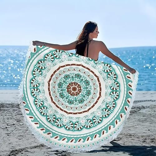 LXTOPN Strandtuch Rund, Mikrofaser Strandtuch XXL, Mandala Badetuch groß Stranddecke Yogamatte Handtücher mit Quasten,150cm (Y13)