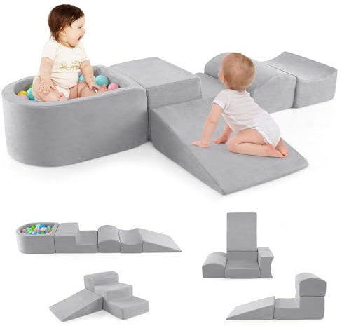 GOPLUS 5 PCS Parcours Motricité Bébé, 5 Module de Motricité avec Housse en Tissu Suédé, Piscine à Balle & Tobbagan pour Intérieur pour 3 Ans+ (Gris)