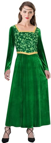 Funhoo Frauen Kleid Prinzessin Kostüm Grün Einteiliges Kleid Samt Langarm Abendkleid für Halloween Party Cosplay Outfit