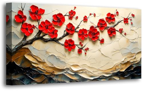 Tree of Life Pictures Canvas Wall Art for Living room Office Bedroom Red Flower Tree Wall Decor,Yellow Abstract Wall Art Print Paintings Modern Plum Blossom Mountain Artwork Ready to Hang-20x40inch