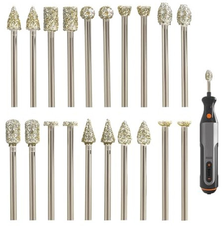 20 Pièces d'outils de Fraisage en Diamant, Compatible pour Dremel et Autres Outils Rotatifs avec un axe de 1/8'' 3 mm, pour la Sculpture, Polissage, Verre et Céramique