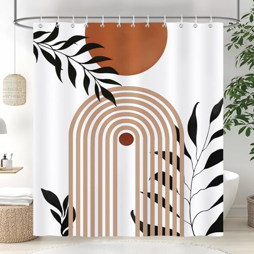 COZZSNUGE Cortina de Ducha Boho Moderno, Cortina de Baño Abstracto Naranja Edad Media Sol Arco Hojas 183 x 183 cm Poliéster Impermeable Resistente al Moho con 12 Ganchos