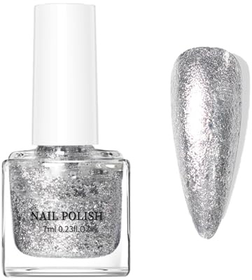 Silver Nail Polish - 7ml Metallic Glitter Nail Varnish - Quick Dry Shimmer Nail Polish Hypoallergenic - No UV Light Needed & Long lasting & Silky Smooth - 60 Second Nail Varnish Gifts for Women