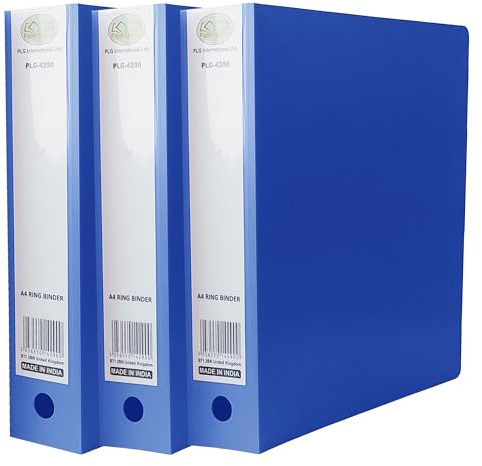 M1SS Pack of 3 A4 Ring Binders – Blue Heavy Duty Polypropylene File Folders with 2-O Metal Rings, 65mm Spine & Label Holder – Durable Document Organiser with Finger Pull Hole