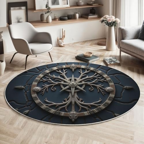 MLSOWM Tappeto Rotondo Rosa Dei Venti Tappetini Antiscivolo Simbolo Circolare Tappeto Pelo Corto Lavabile per Camera Da Letto Salotto Casa Zona Balcone Tavolino, 120cm, Blu Navy